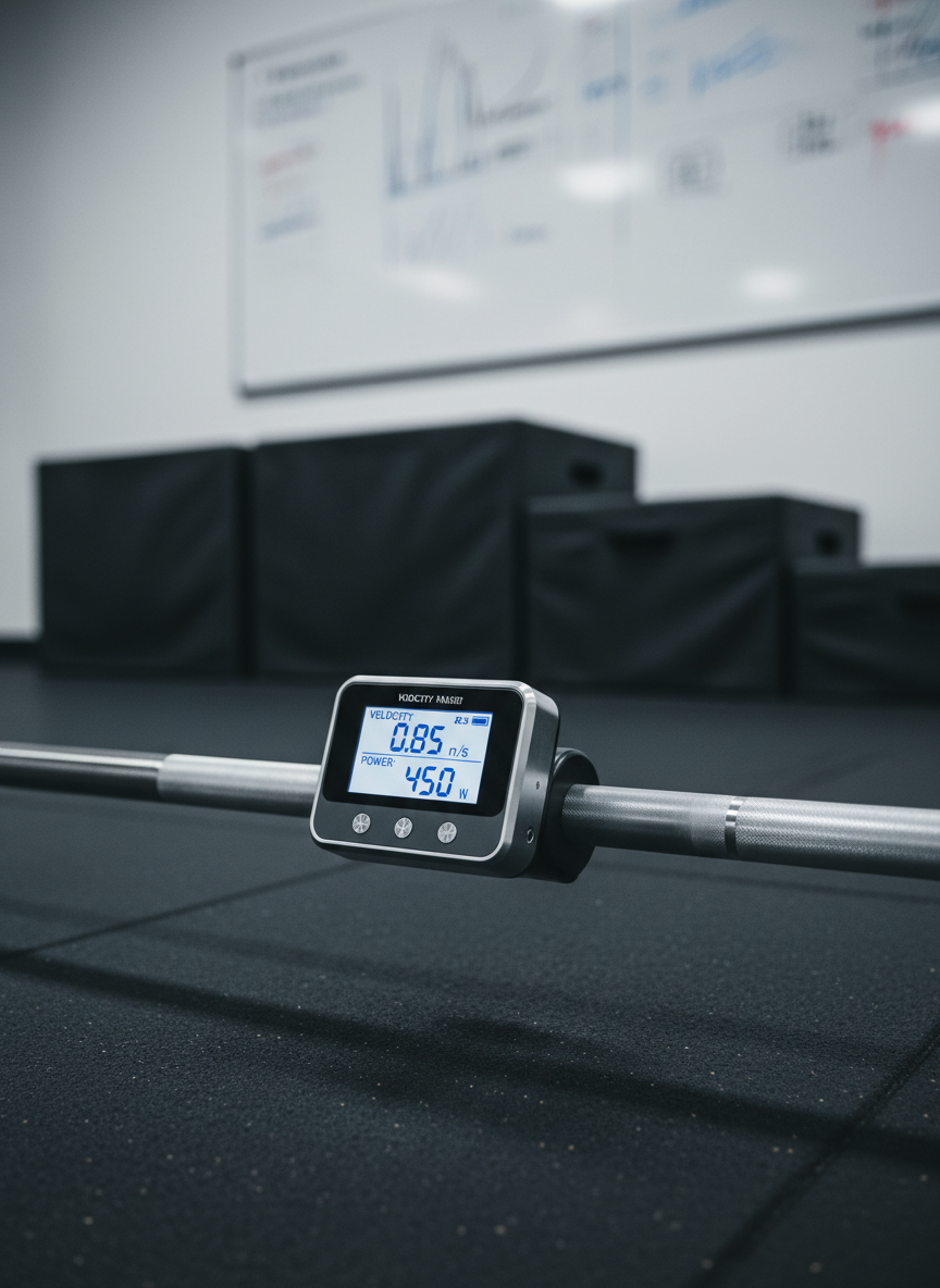 A close-up of a precision-calibrated velocity-based training device attached to the end of a brushed-steel barbell sleeve resting on a textured black rubber gym floor. The device’s small digital screen shows clean, minimal readouts, its casing a matte charcoal with subtle metallic accents. In the background, slightly out of focus, are neatly aligned plyometric boxes and a wall-mounted whiteboard filled with blurred performance graphs. Cool, evenly distributed overhead lighting creates soft highlights along the metal surfaces and light shadows beneath the equipment. The atmosphere is technical and high-performance, emphasizing objective measurement. Shot at barbell height with a tight, horizontal composition and shallow depth of field, the image feels clinical yet powerful, in photographic realism with a modern, performance-lab aesthetic.