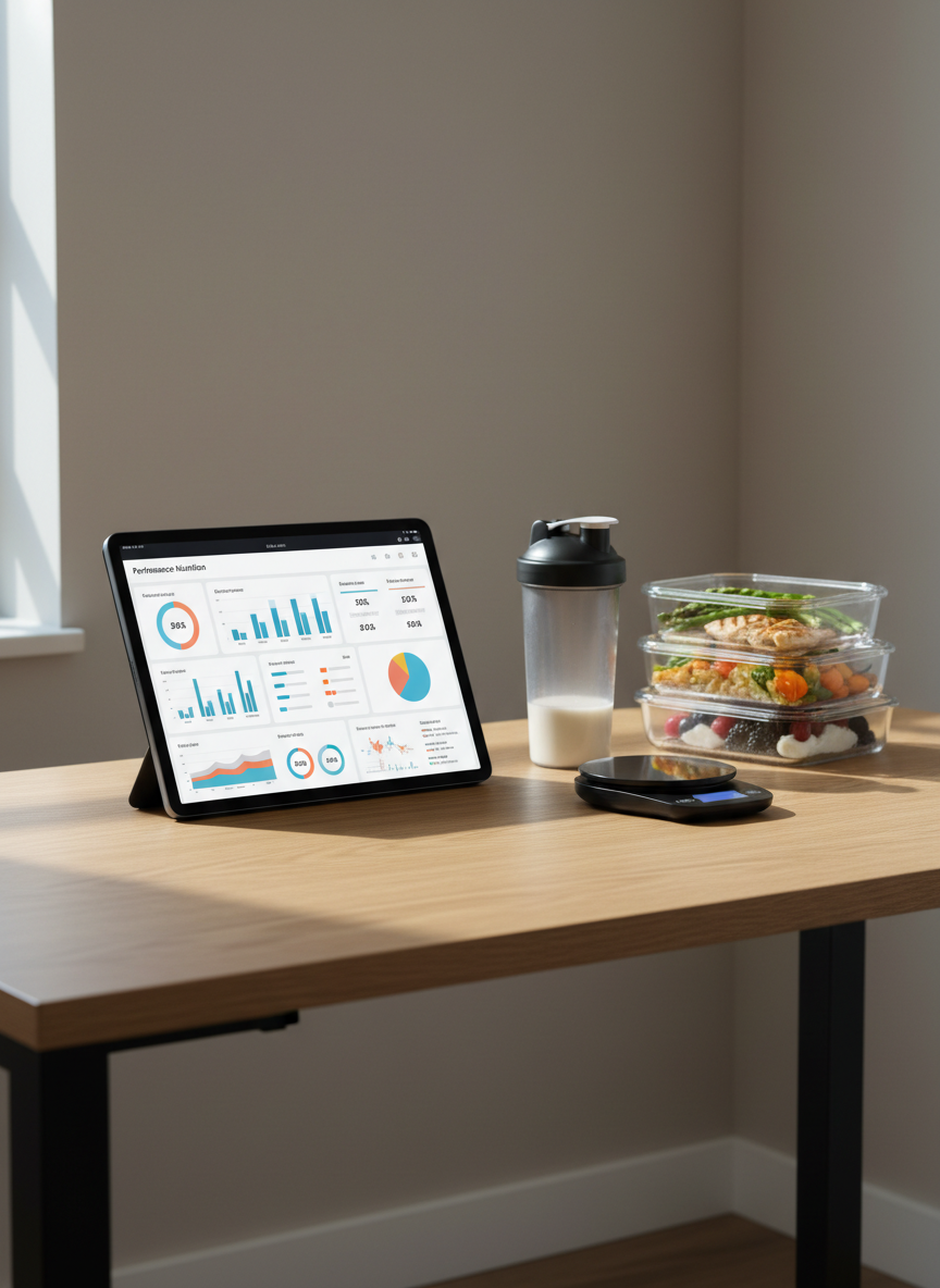 A sleek, minimalist nutrition planning workstation featuring a large matte-black tablet displaying a detailed performance nutrition dashboard beside a stainless-steel shaker bottle, a small digital food scale, and neatly stacked transparent meal prep containers with unlabeled contents. Everything rests on a smooth, light oak desk with clean edges, set against a neutral, softly textured taupe wall. Cool, indirect daylight enters from an unseen window, creating controlled reflections on the tablet screen and subtle shadows along the desk’s grain. The mood is analytical and strategic, emphasizing data-driven preparation. Captured from a slightly elevated angle with shallow depth of field, the main objects are in crisp focus while the background gently blurs. Photographic realism with a structured, corporate aesthetic and balanced, uncluttered composition.
