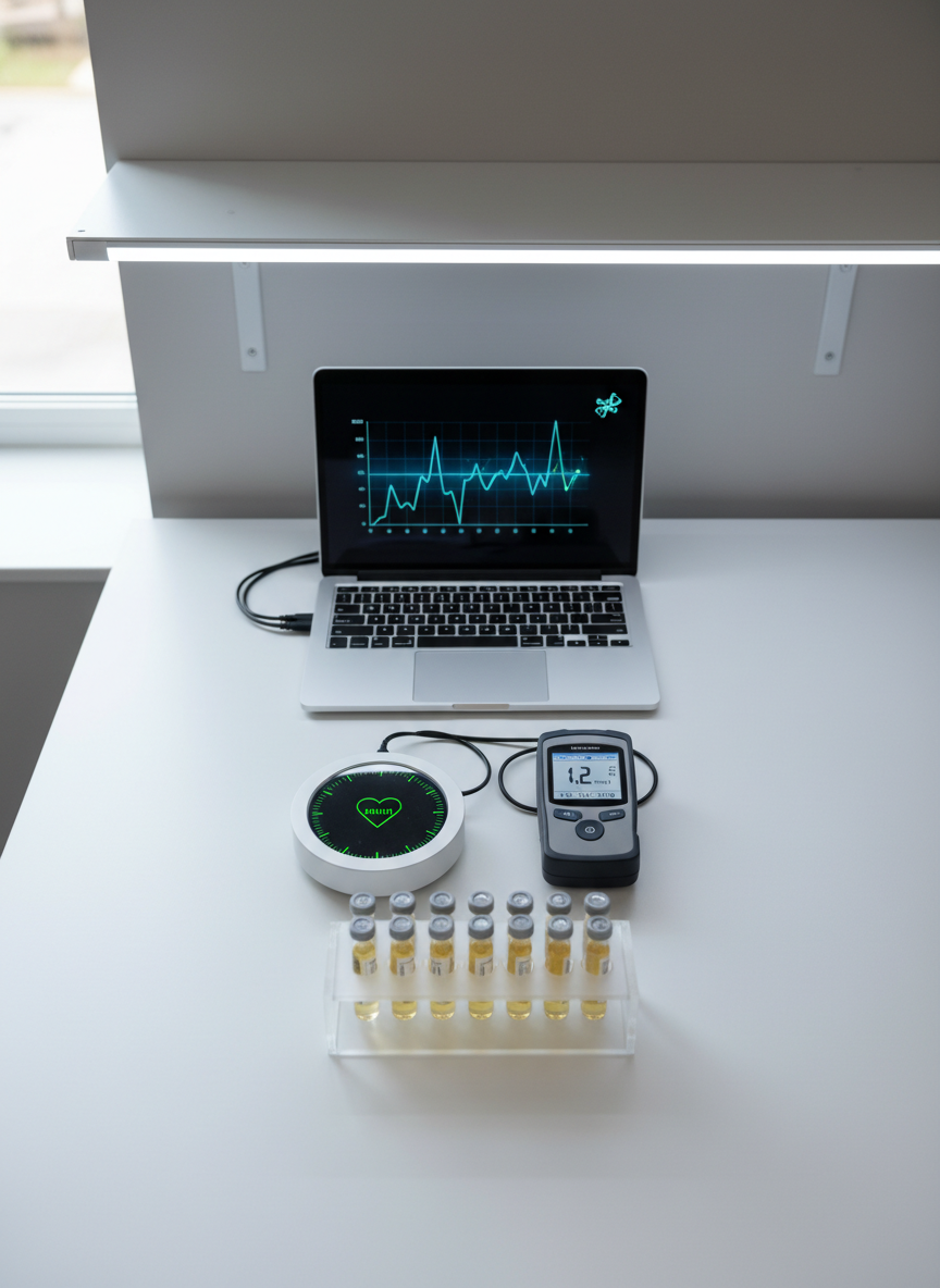 An overhead view of a meticulously arranged metabolic health assessment station on a pristine white table: a resting heart rate monitor, a compact lactate analyzer, a sleek laptop displaying abstracted performance graphs, and an organized row of unlabeled sample vials in a frosted rack. A neutral gray wall forms a soft, unobtrusive background. Diffused daylight from a nearby window combines with subtle, cool-toned task lighting, producing gentle, controlled shadows and precise highlights on metallic and glass surfaces. The mood is clinical, focused, and data-driven, reflecting a bridge between sports performance and medical rigor. The composition is symmetrical and grid-like, with sharp focus across the frame for a clean, modern, corporate aesthetic in photographic realism.